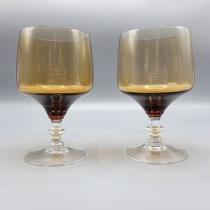 Vintage Sasaki Crystal Smoky Amber Wine Water Goblet Glasses Set Of 2 Clear Stem